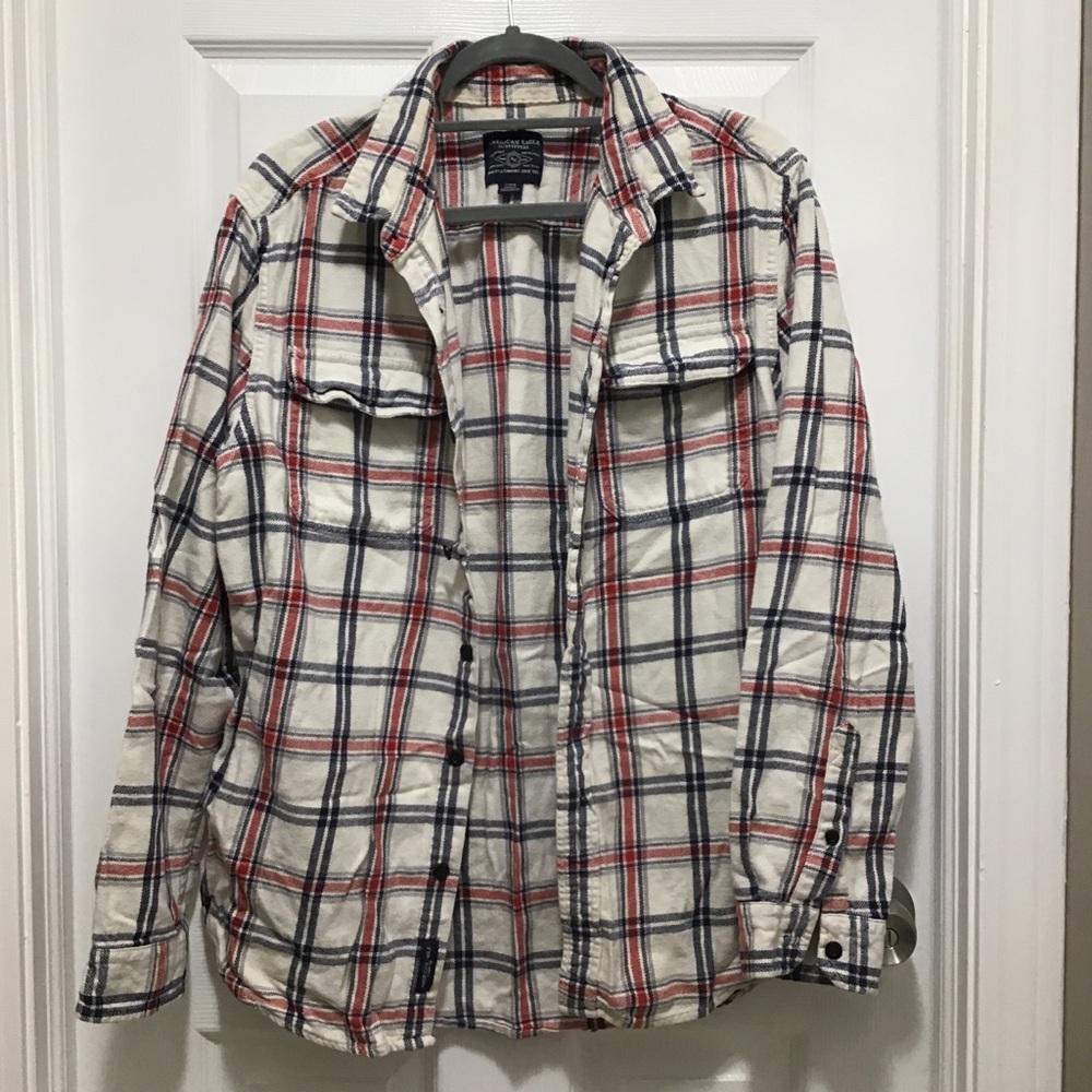 white, red, and navy buttondown